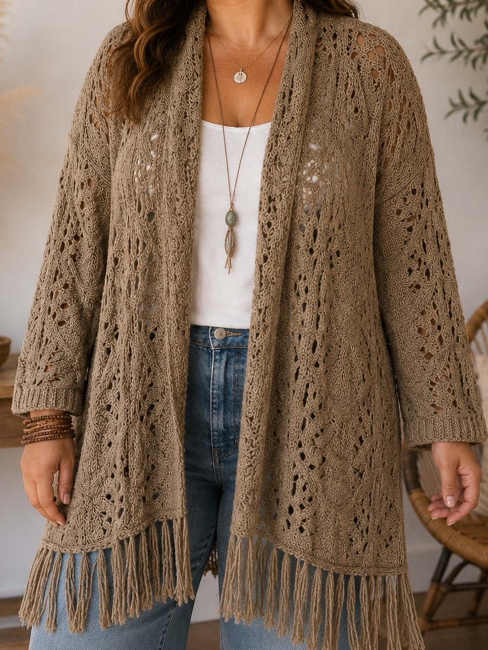 Retro Threads L Open Knit Crochet Fringe Cardigan Boho Taupe Duster